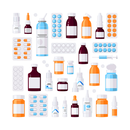 Set of medicine items, vector concept. Bottles with medications, pills and drops in flat style on white backgroundのイラスト素材