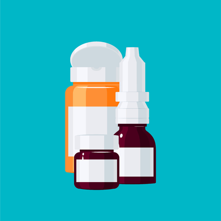 Medicine vector concept. Medication bottles in flat style on turquoise backgroundのイラスト素材