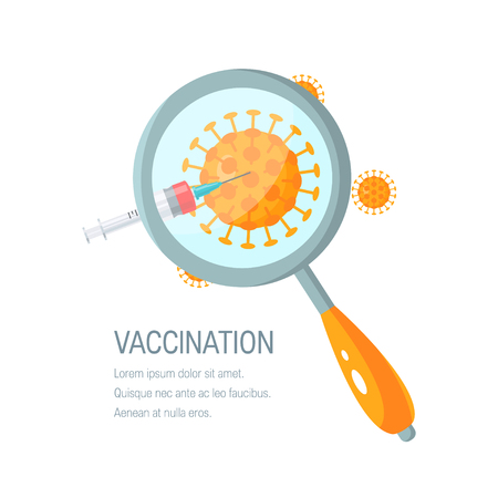 Vaccination concept. Syringe piercing the virus, vector illustration in flat style. Template for brochure or web bannerのイラスト素材