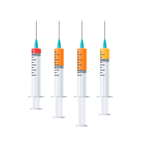 Vaccination concept. Syringe with various vaccine, vector illustration in flat styleのイラスト素材