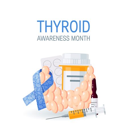 Thyroid awareness month concept. Square design with thyroid gland, pills and blue paisley ribbon, vectorのイラスト素材
