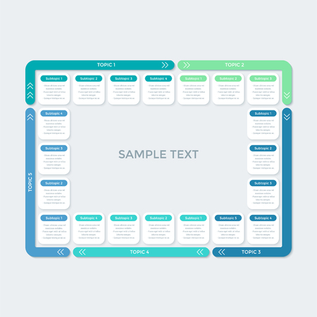 Rectangular infographic design for business presentation, data visualization. Template for 5 different options with title, subtitle and data. Vector illustration in flat styleのイラスト素材