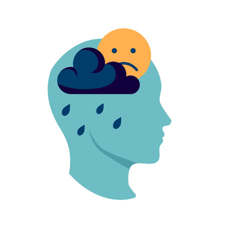 Depression vector icon in flat style. Cloud and upset smile as symbol of mental disorderのイラスト素材