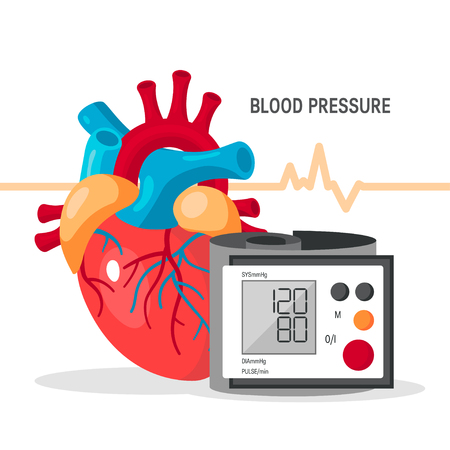 Blood pressure vector concept. Design with human heart and blood pressure monitor in flat style.のイラスト素材