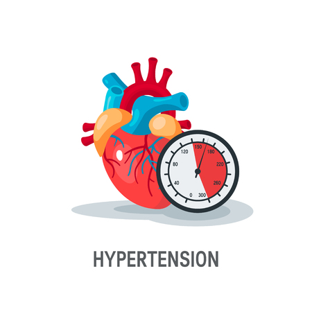 Hypertension vector concept. Human heart with blood pressure monitor in flat style.のイラスト素材