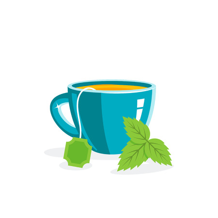 Cup of tea and leaves in front of it. Vector illustration in flat styleのイラスト素材