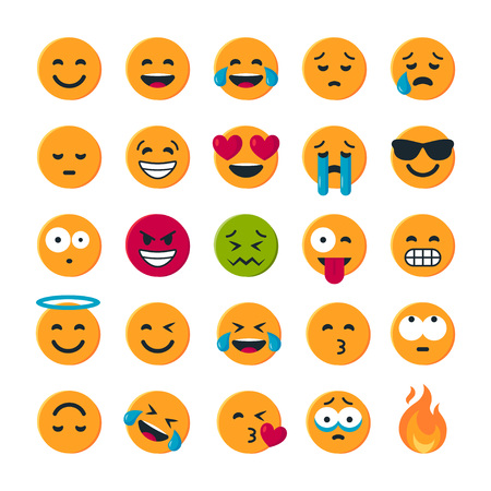Set of simple round yellow emoticons. Vector illustration of a smiling faces for chats in flat styleのイラスト素材