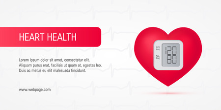 Realistic 3d heart as a blood pressure monitor. Horizontal vector template for cardiovascular health bannersのイラスト素材