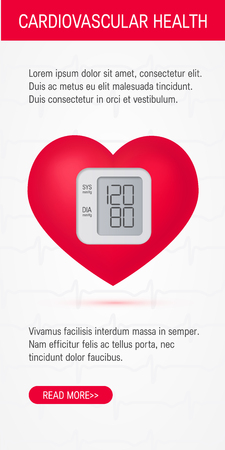 Realistic 3d heart as a blood pressure monitor. Vertical vector template for cardiovascular health banners etc.のイラスト素材