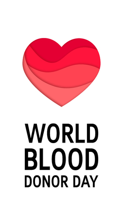 World blood donor day concept. Vector vertical design with red heart and typography in papercut styleのイラスト素材