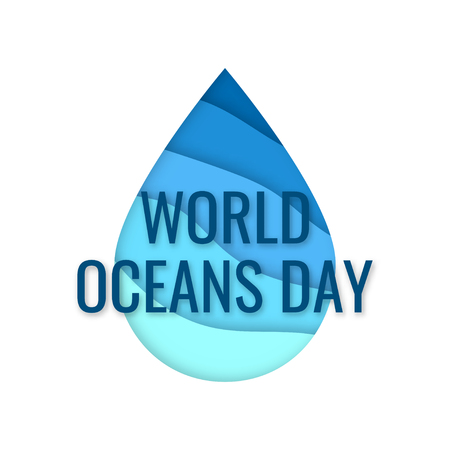 World oceans day concept. Design for web banners, posters, cards with waterdrop. Vector template in paper cut style.のイラスト素材