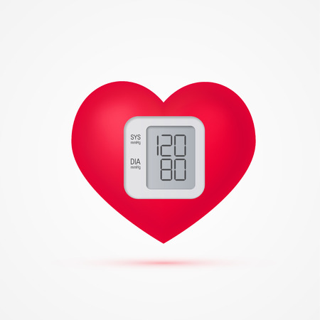 Heart as a blood pressure monitor in realistic 3d style. Cardiovascular health vector concept.のイラスト素材