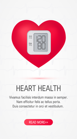 Realistic 3d heart as a blood pressure monitor. Vertical vector template for cardiovascular health banners etc.のイラスト素材