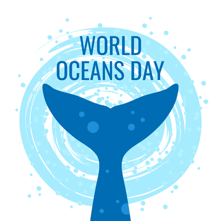 World oceans day concept. Square design for web banners, posters, cards. Vector illustration with a whale's tail in flat style.のイラスト素材