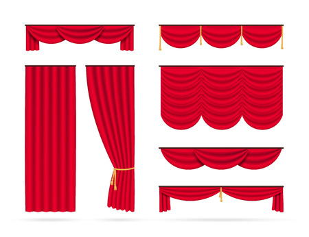 Set of red realistic curtains. Vector illustration isolated on white backgroundのイラスト素材