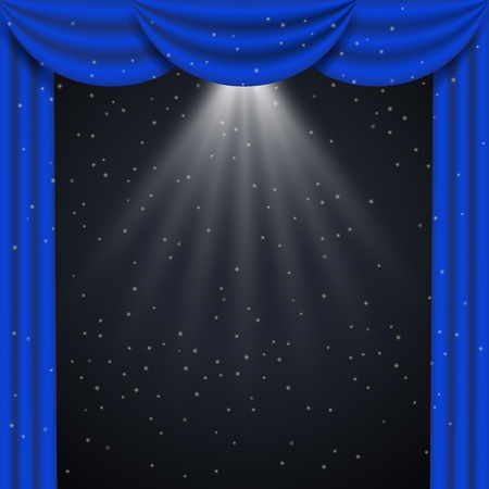 Blue curtain realistic frame. Vector illustration isolated on black backgroundのイラスト素材