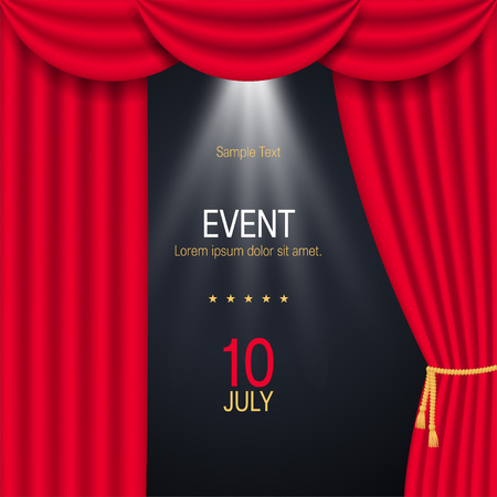 Square poster or banner with red realistic curtains. Vector illustration on black backgroundのイラスト素材