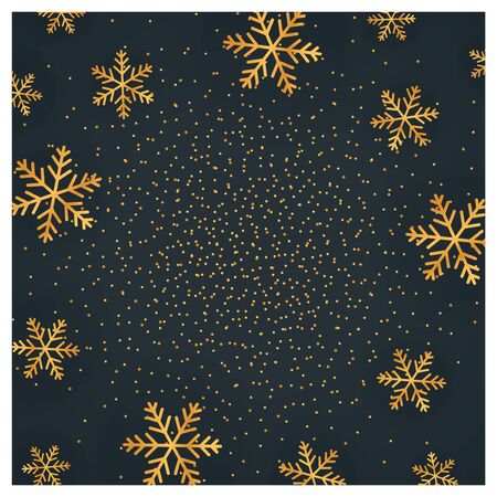 Square luxury Christmas card with golden snowflakes on black background, vector illustration.のイラスト素材