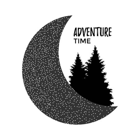 Adventure time concept with fir trees and moon silhouettes. Vector illustration in flat style.のイラスト素材