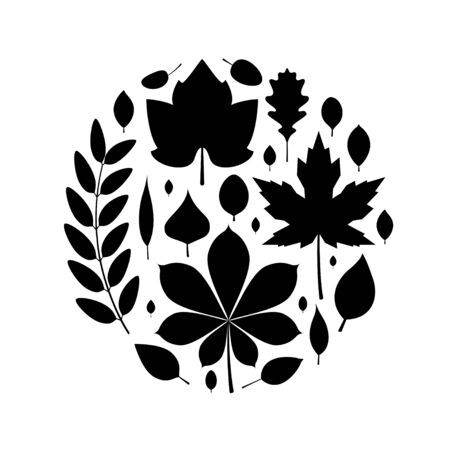 Leaf silhouettes in the shape of a circle. Vector illustration in flat style. Simple black icons isolated on white backgroundのイラスト素材