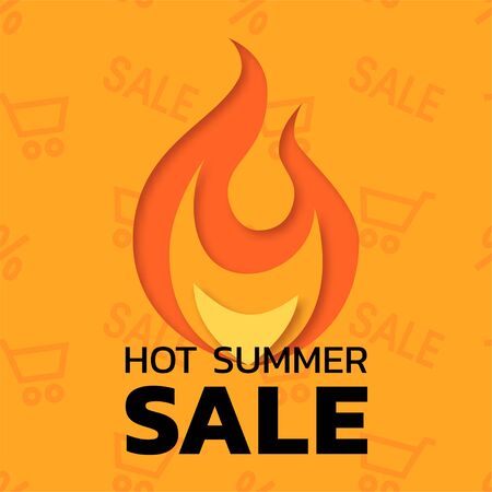 Hot summer sale concept. Square template for banners, posters, flyers. Vector illustration in paper cut style.のイラスト素材