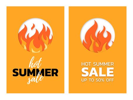 Hot summer sale concept. Vertical templates for banners, posters, flyers. Vector illustration in paper cut style.のイラスト素材