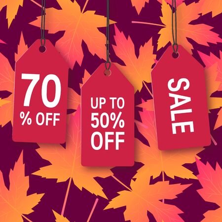 Autumn sale promotion design with maple leaves and discount tags. Vector template for advertising,...