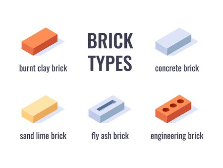 Types of bricks. Design with isometric icons. Set of 3d construction blocks. Vector illustration in flat style on a white background.のイラスト素材