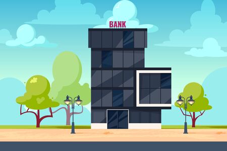 Bank exterior. Cityscape with facade of financial or other administration building. Vector illustration in flat style.のイラスト素材