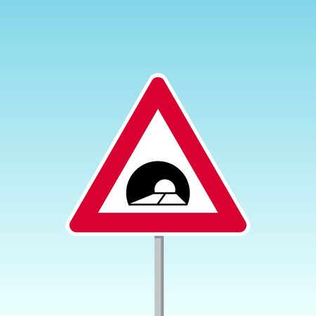 Tunnel sign. Warning road sign on blue background. Vector illustration in flat style.のイラスト素材