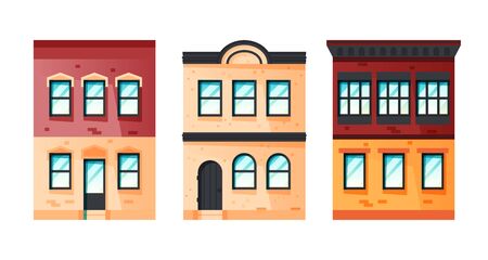 Dwelling house facades concept. Set of vintage american buildings. Vector illustration in flat styleのイラスト素材