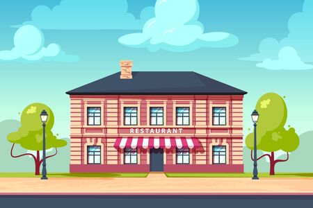 Restaurant facade of european building. Citycsape with vintage house. Vector illustration in flat styleのイラスト素材