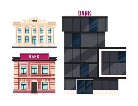 Bank buildings. Skyscraper, vintage and classic ancient houses. Vector illustration in flat style.のイラスト素材