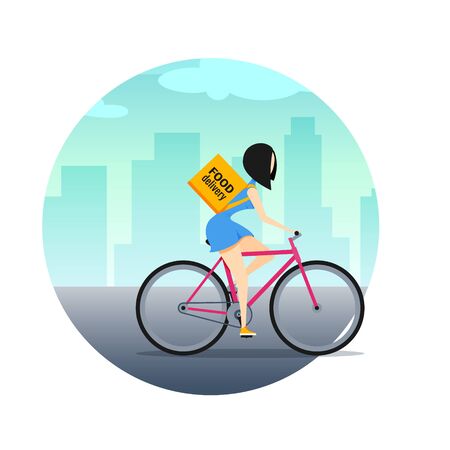 Bike delivery concept in the city. Vector woman character in flat or cartoon styleのイラスト素材