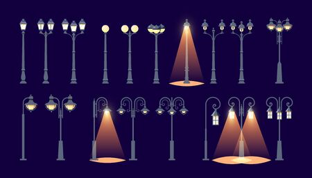 Light pole icons. Set of illuminated street lampposts on dark background, vector illustrationのイラスト素材