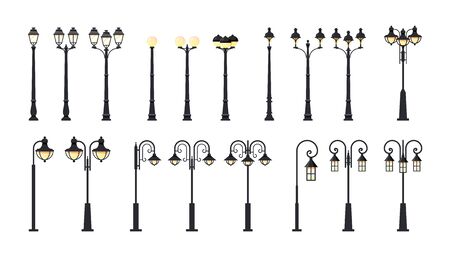 Street lamppost. Set of city light poles isolated on white background, vector illustration in flat styleのイラスト素材
