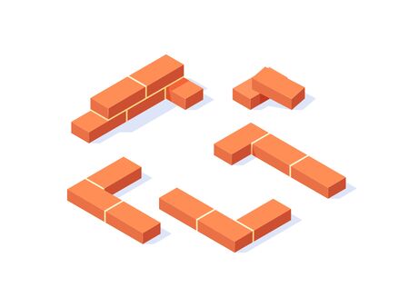 Brick isometric icons. Masonry items in flat style. Vector illustration on a white background.のイラスト素材