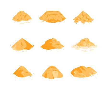 Sand piles set isolated on a white background. Yellow dune in a desert, on a beach, at a construction site or playground. Vector illustration in flat style.のイラスト素材