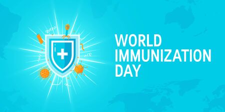 World immunization day concept. Medical shield surrounded by viruses and bacterium. Horizontal vector illustration on turquoise background.のイラスト素材