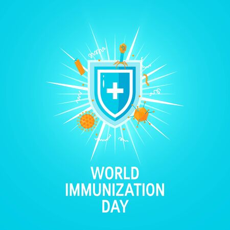 World immunization day concept. Medical shield surrounded by viruses and bacterium. Vector illustration on turquoise background.のイラスト素材