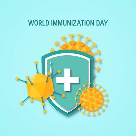 World immunization day poster. Medical shield surrounded by viruses and bacterium. Vector illustration on turquoise background in paper cut style