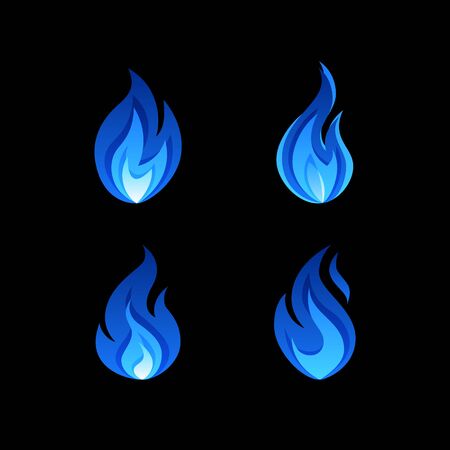Gas flame icons. Blue fire pictogram set. Vector illustration on a black background in flat style.のイラスト素材