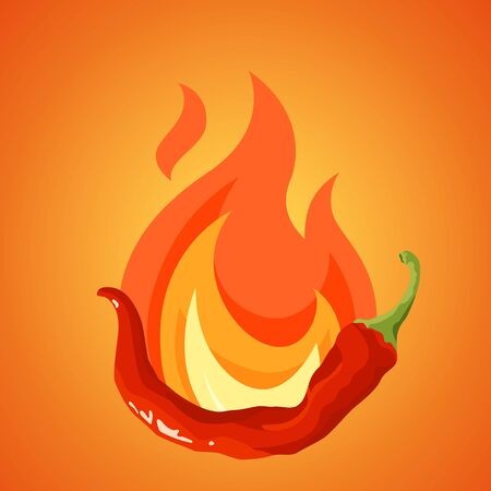 Chili pepper in flame concept. Fresh red cayenne. Vector design on orange background in flat or cartoon style.のイラスト素材