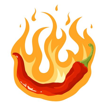 Pepper in flame icon. Fresh red chili condiment. Vector illustration isolated on white background in flat or cartoon style.のイラスト素材