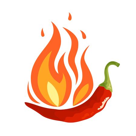 Pepper in flame icon. Fresh red chili condiment. Vector illustration isolated on white background in flat or cartoon style.のイラスト素材