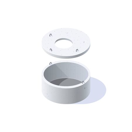 Concrete ring for wells, sewerage, septic tanks with a lid. Isometric icon of building materials. Vector illustration isolated on a white background in flat style.のイラスト素材