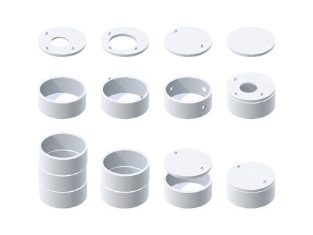 Concrete rings for wells, sewerage, septic tanks with a lids. Set of isometric icons. Vector illustration isolated on a white background in flat style.のイラスト素材