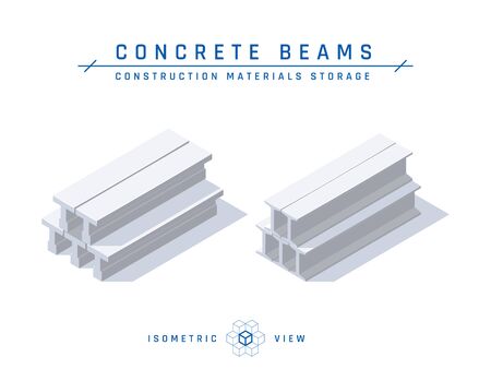Concrete beams storage concept, isometric view. Set of icons for architectural designs. Vector illustration isolated on a white background in flat style. Construction products collection.のイラスト素材