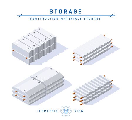 Concrete storage concept, isometric view. Set of icons for architectural designs. Vector illustration isolated on a white background in flat style. Construction products collection.のイラスト素材