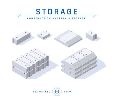 Concrete foundation storage concept, isometric view. Set of icons for architectural designs. Vector illustration isolated on a white background in flat style. Construction products collection.のイラスト素材